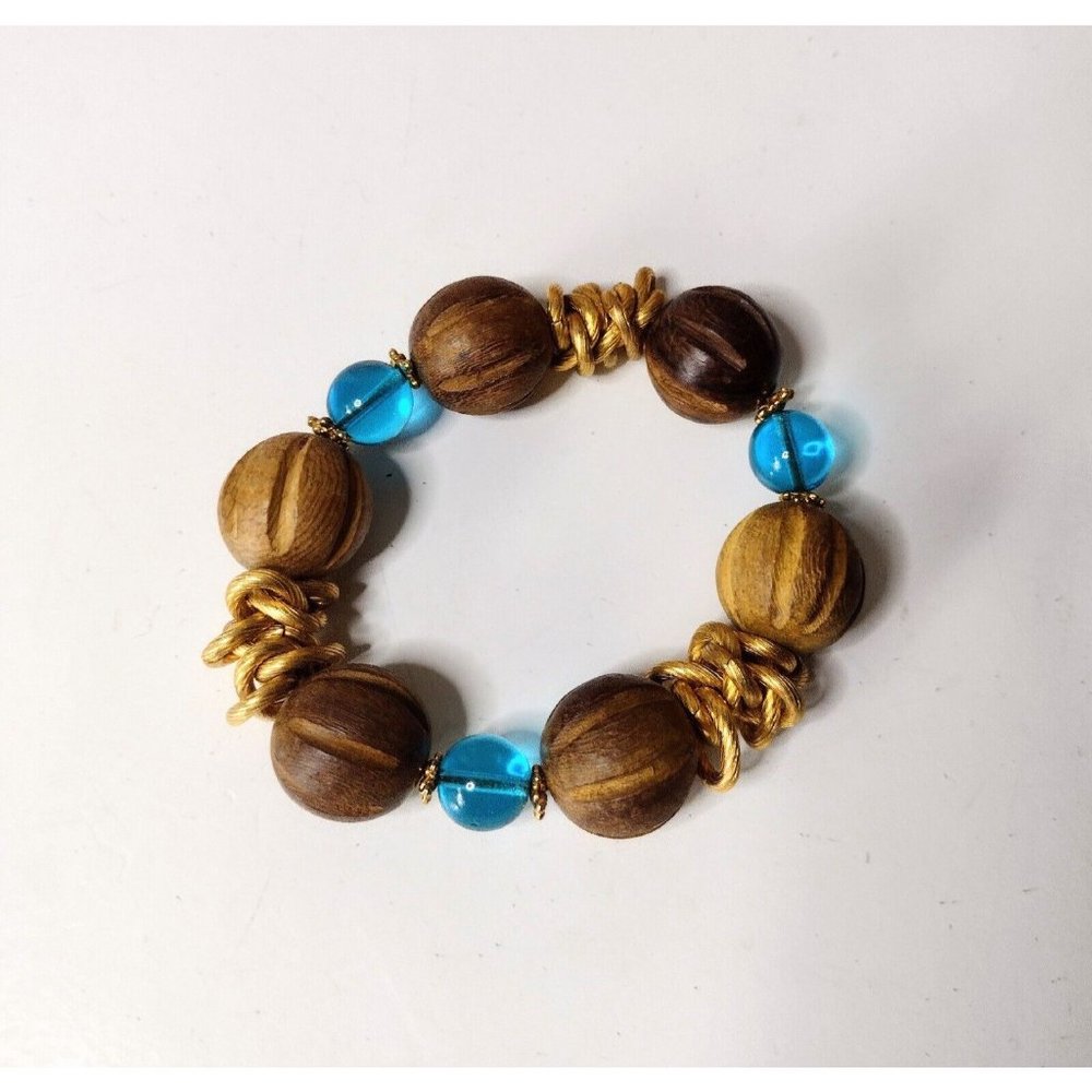 Hand Carved Wood Beaded Stretch Bracelet Metal Chain Knots Glass Beads Heavy